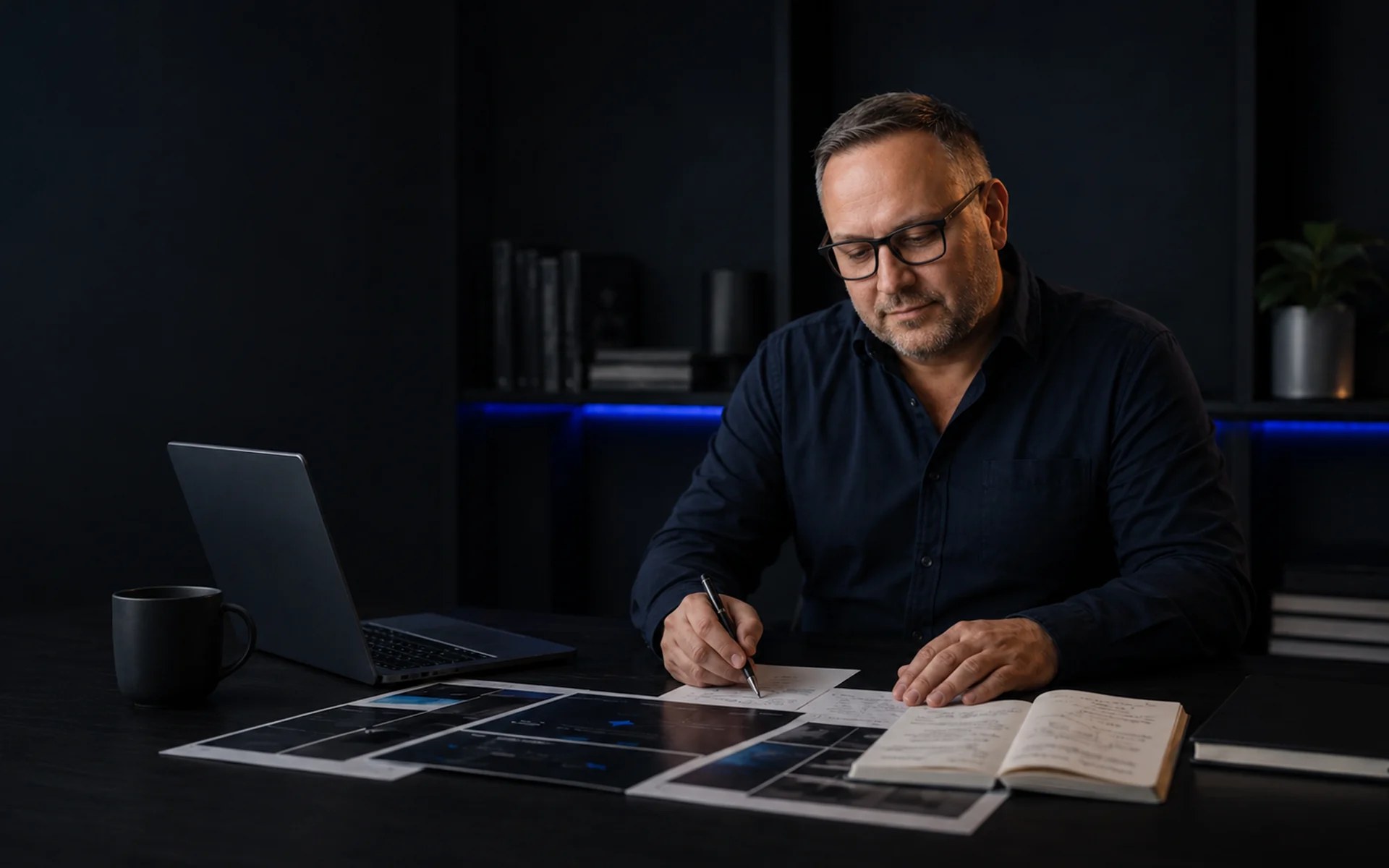 Daniel Czaja analizuje materiały marki przy ciemnym biurku