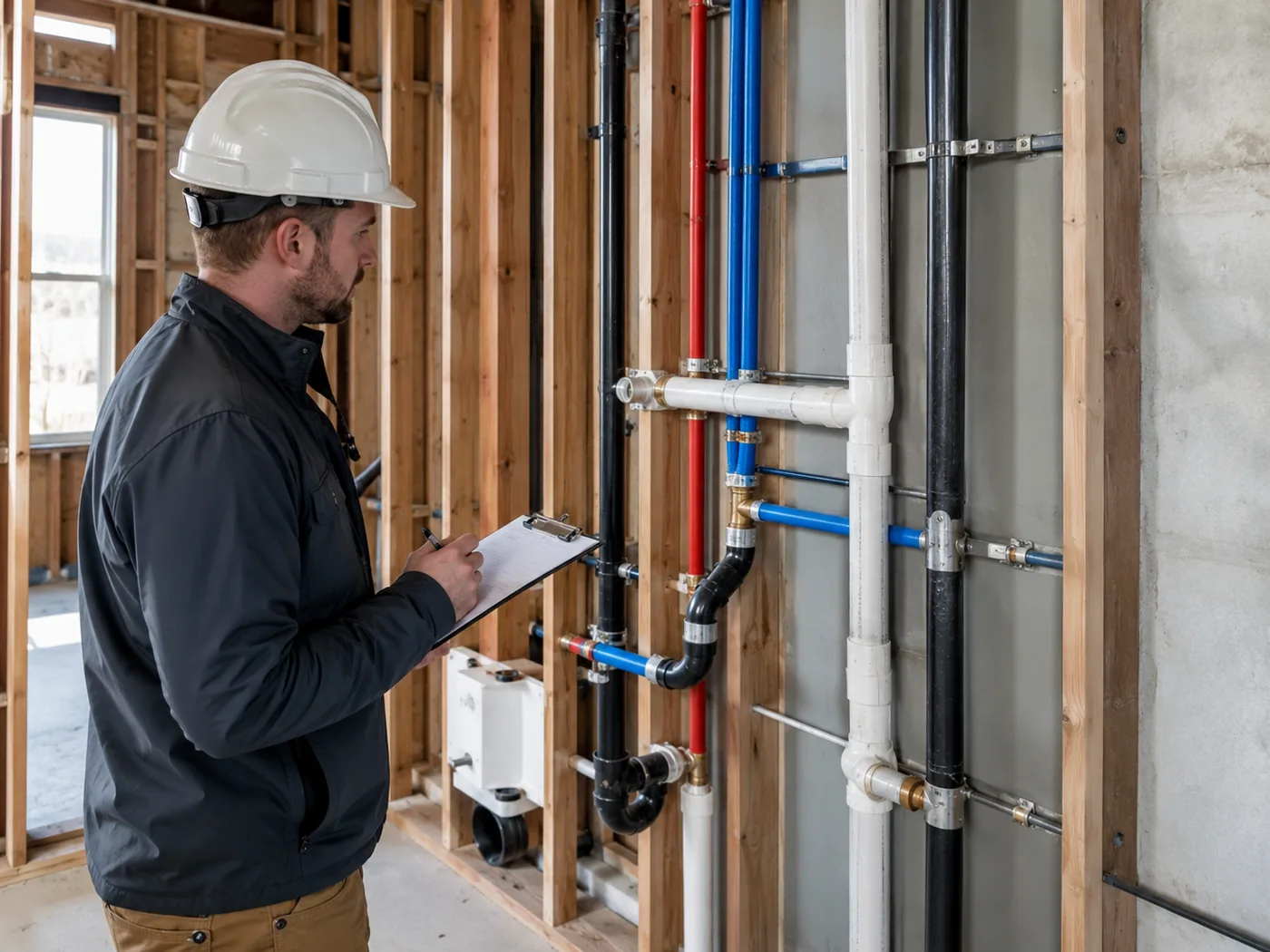 Contractor inspecting rough-in plumbing installation
