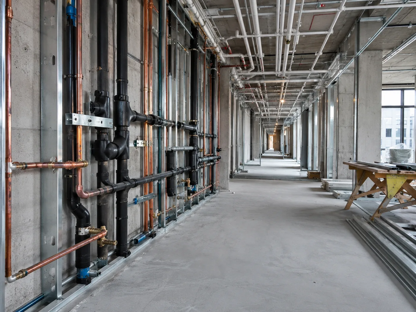 Plumbing systems in a multi-unit residential construction corridor