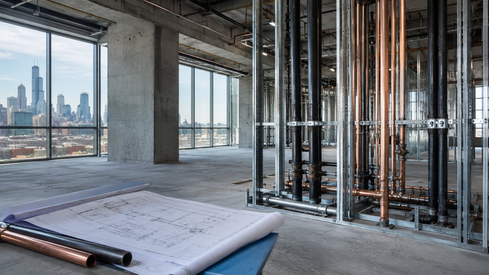 Commercial plumbing installation in a Chicago construction project