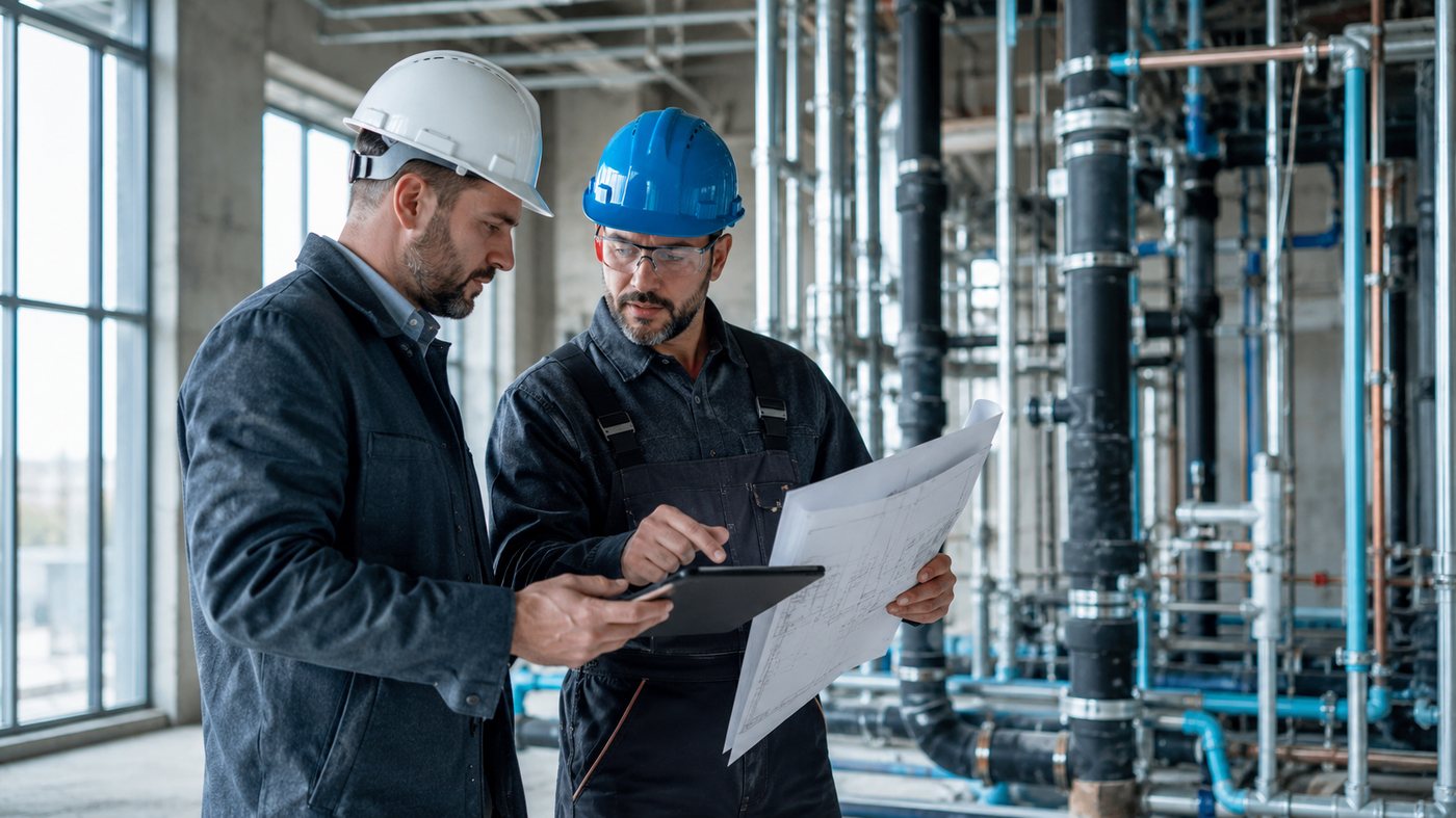 General contractor and plumbing subcontractor reviewing plans on construction site